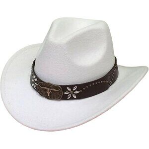Unisex White 100% Polyester Bull Skull Band Fedora Classic Cowboy Felt Hat